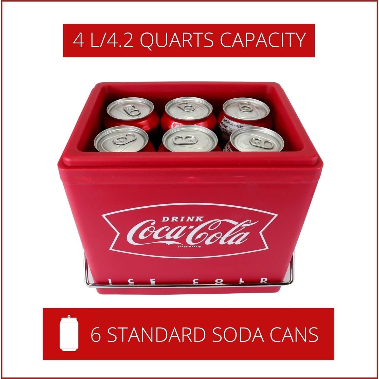 Coca-Cola Mini Enfriador Retro 4L, 6 Latas, Rojo y Plata
