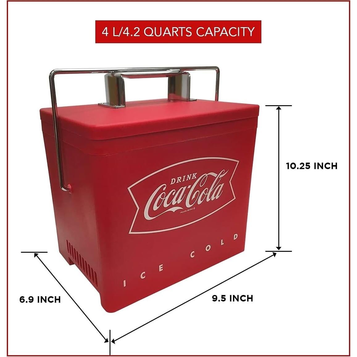 Coca-Cola Mini Enfriador Retro 4L, 6 Latas, Rojo y Plata