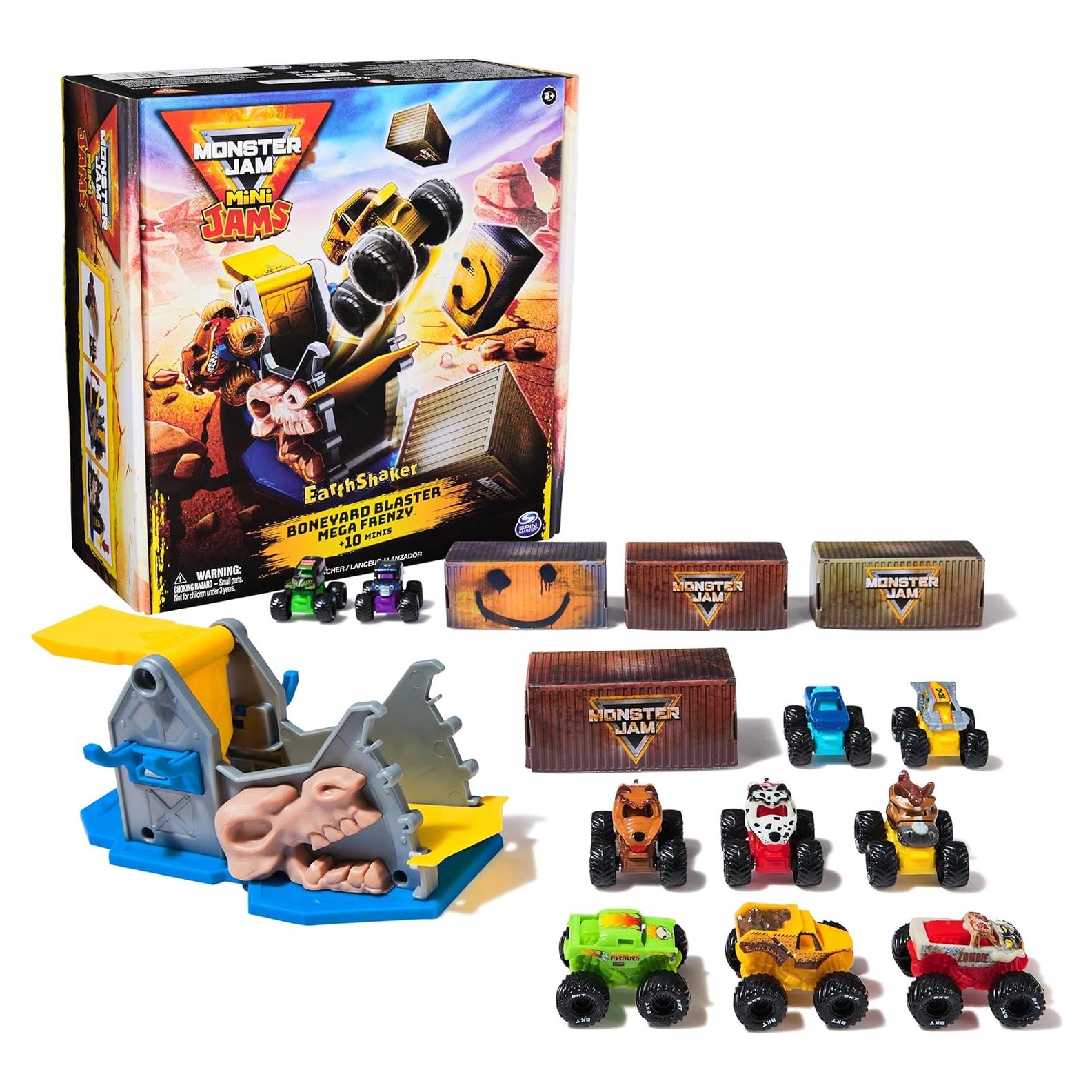 Playset Monster Jam Earthshaker Boneyard Blaster con 10 Mini Camiones