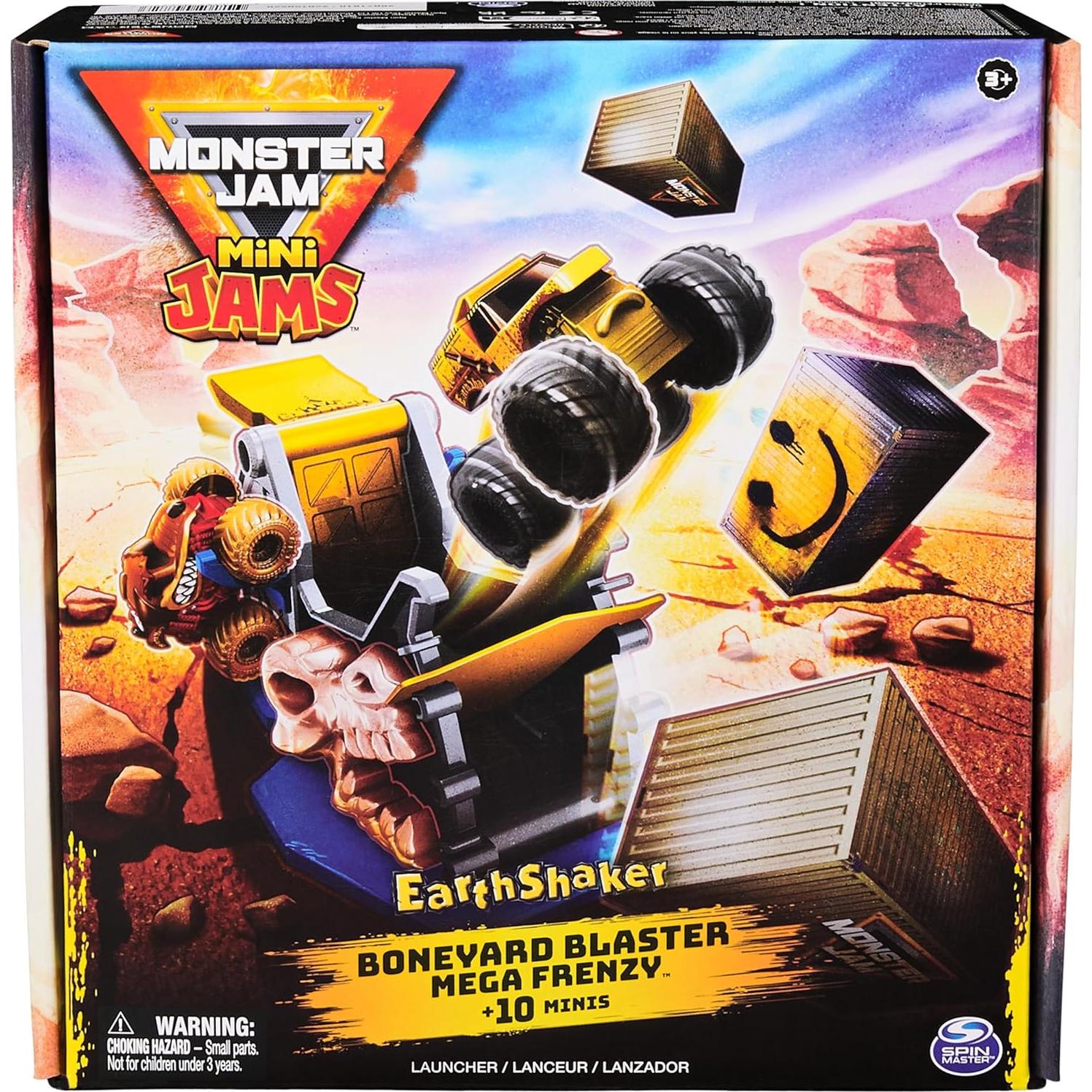 Playset Monster Jam Earthshaker Boneyard Blaster con 10 Mini Camiones