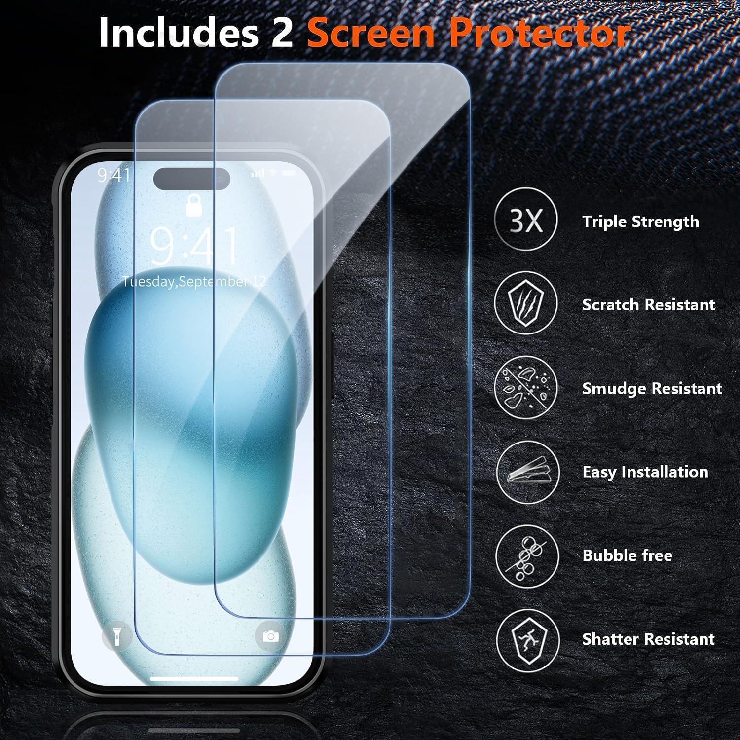 Funda a prueba de golpes AEDILYS para iPhone 15 + 2 protectores