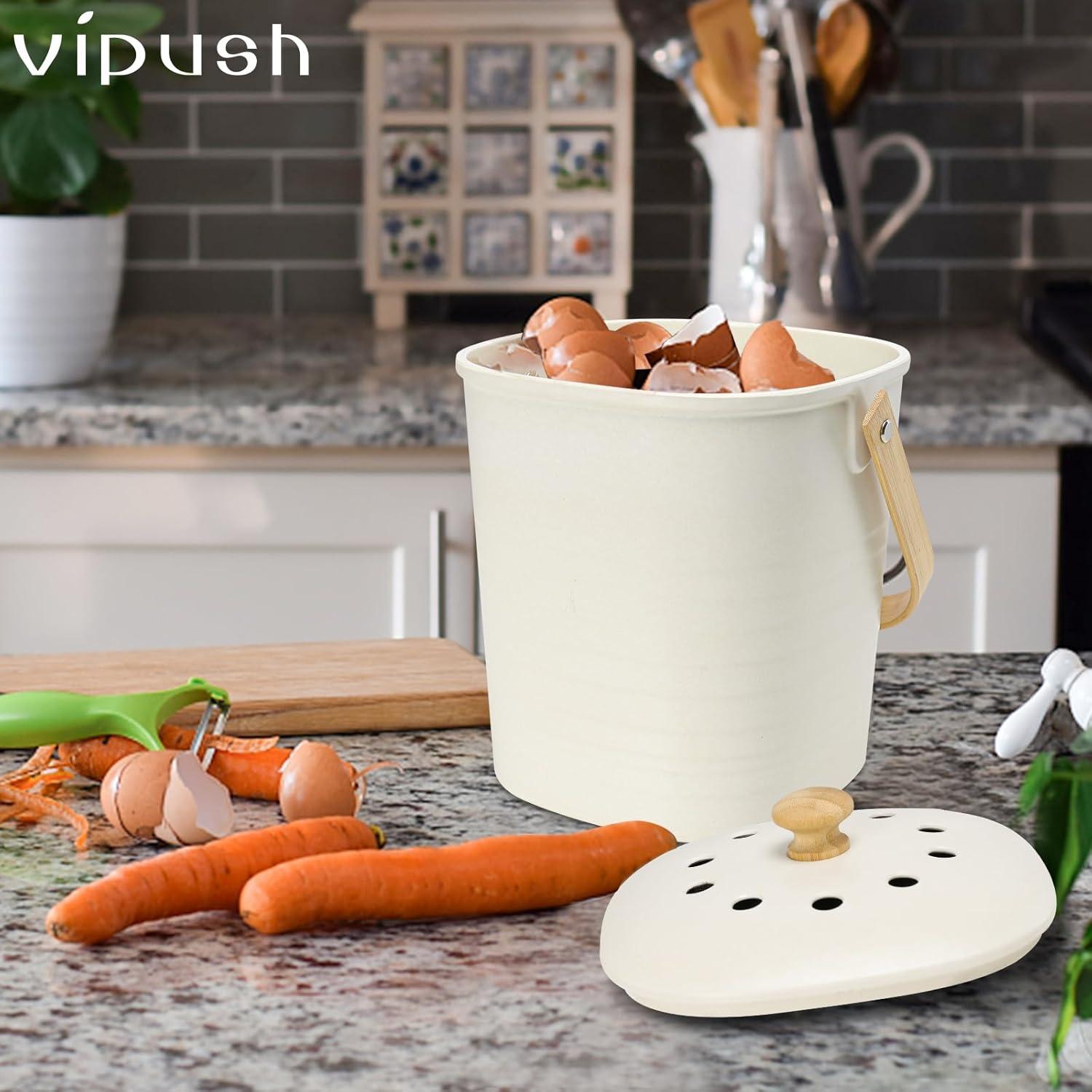Bin de Compostaje Vipush 3.29L de Bambú con Filtro Beige