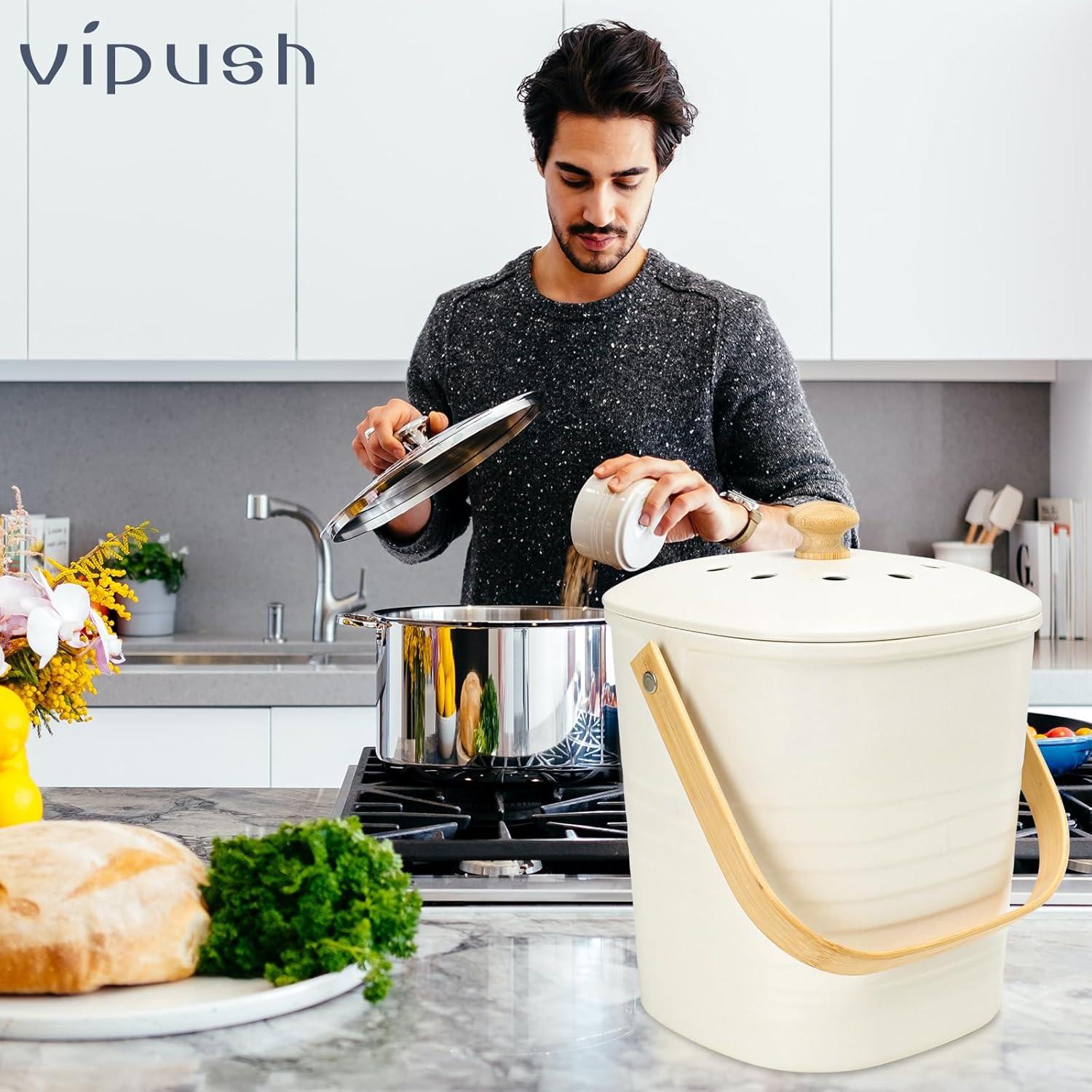 Bin de Compostaje Vipush 3.29L de Bambú con Filtro Beige