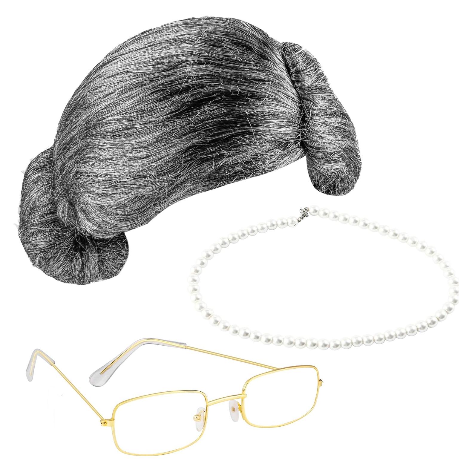 Cooraby Disfraz Abuela 3 Piezas Peluca Gafas Collar