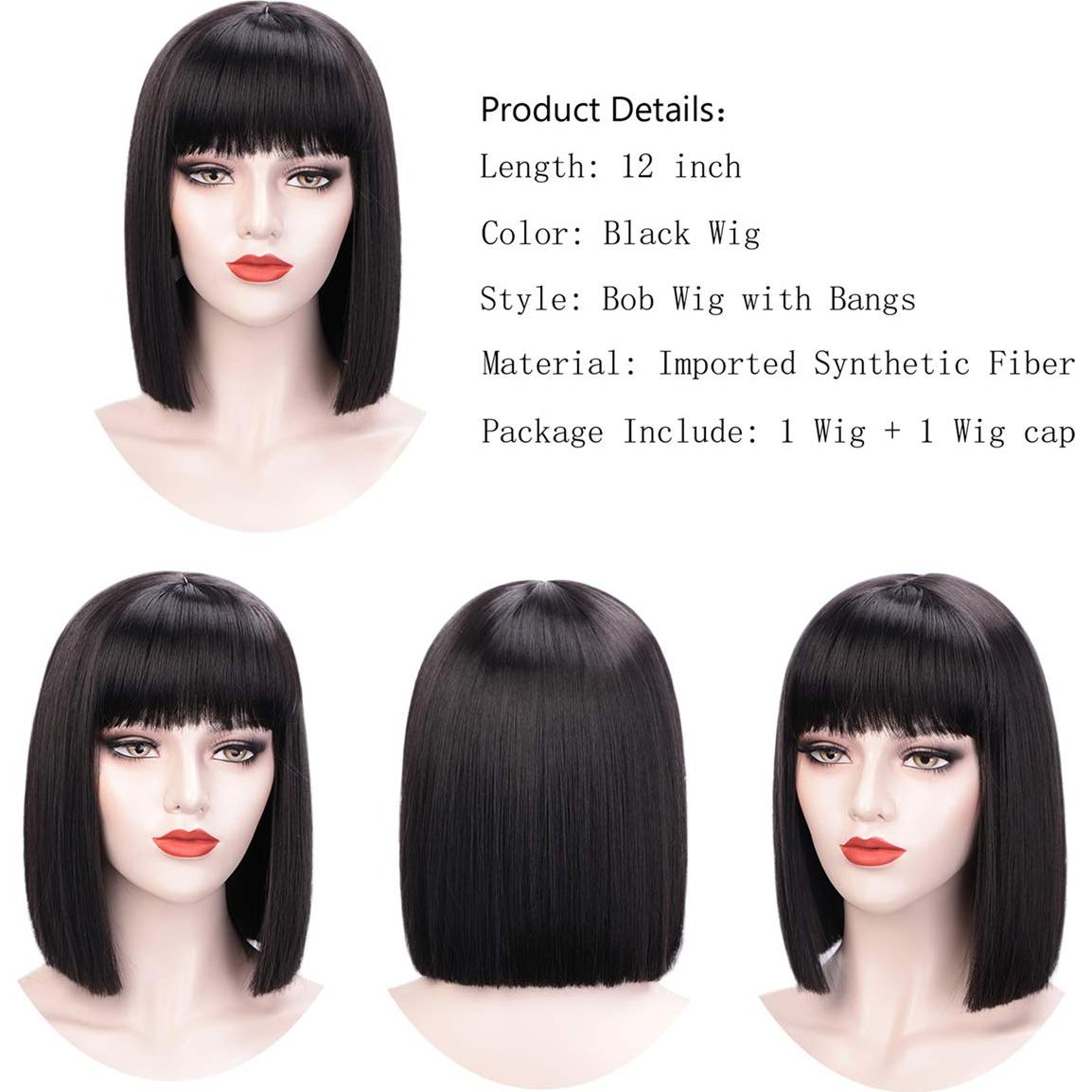 Peluca Bob Negra Juziviee 30 cm con Flequillo Suave