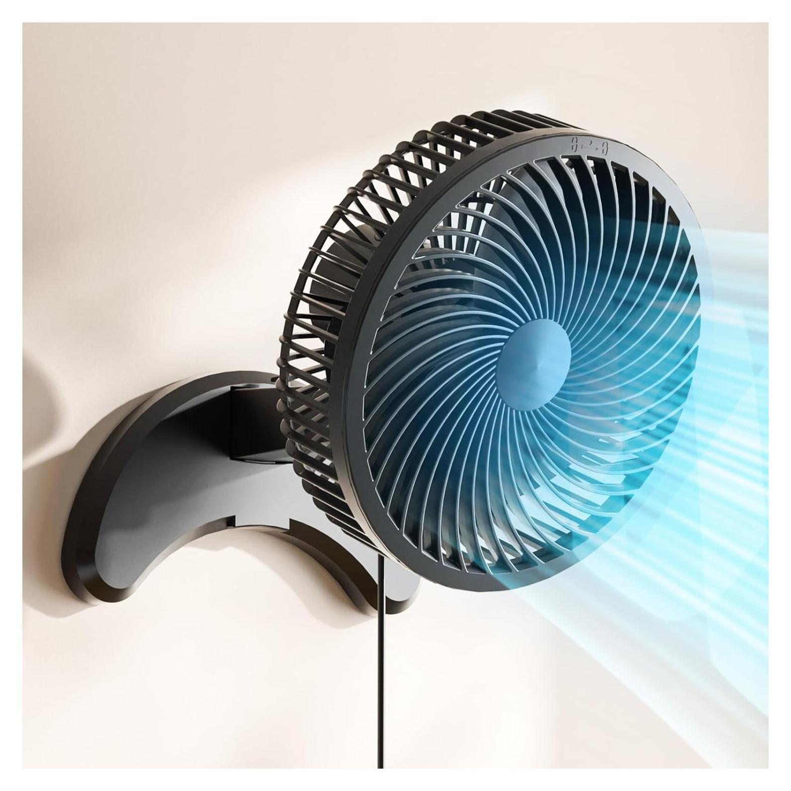 Koonie 8'' Wall Mount Fan, Quiet Small Wall Fan with Timer, 8.2ft Wired Remote, 80° Oscillation, 100° Adjustable, 3 Speeds High Velocity for RV Bedroom Kitchen Office Garage(Adapter Included)