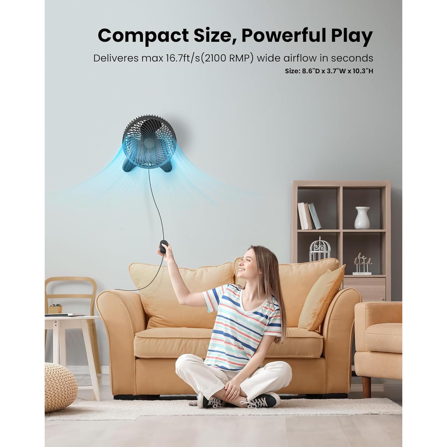 Koonie 8'' Wall Mount Fan, Quiet Small Wall Fan with Timer, 8.2ft Wired Remote, 80° Oscillation, 100° Adjustable, 3 Speeds High Velocity for RV Bedroom Kitchen Office Garage(Adapter Included)