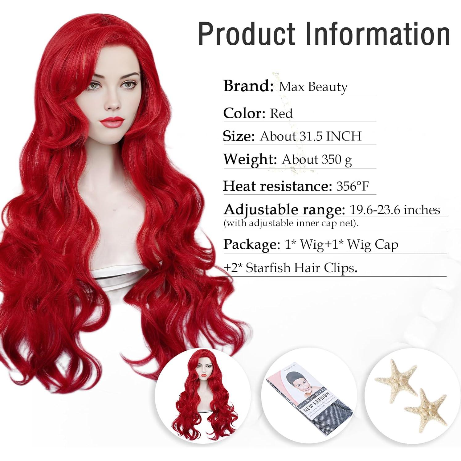 Peluca Sirena Roja Max Beauty con Clips y Capucha Ajustable