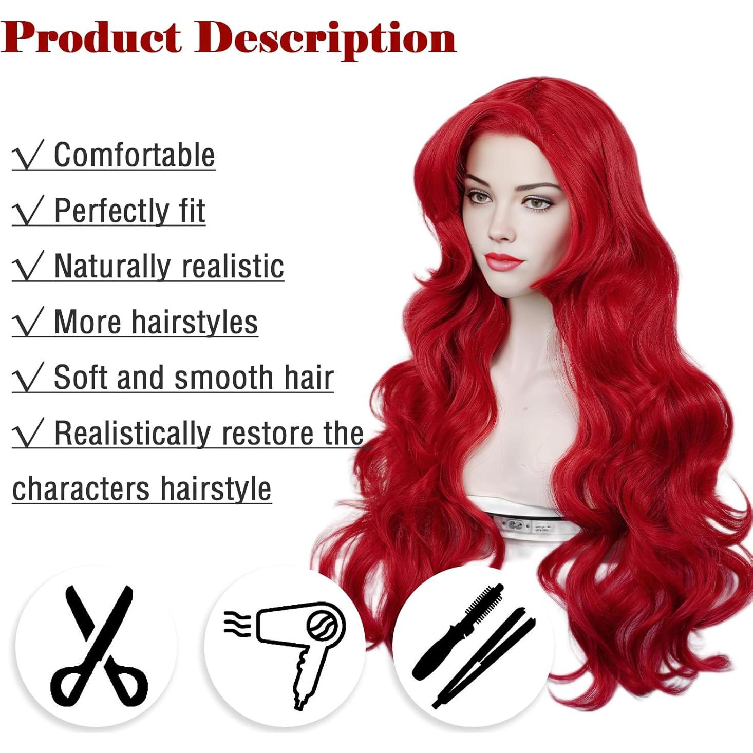 Peluca Sirena Roja Max Beauty con Clips y Capucha Ajustable