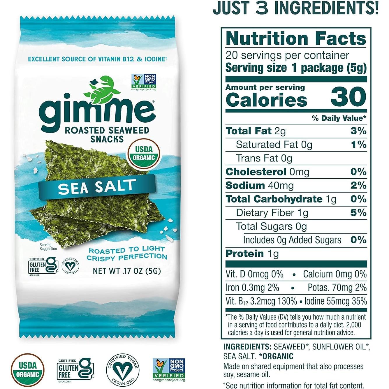 gimMe Algas Marinas Tostadas Sal Marina 20 Paquetes 5g