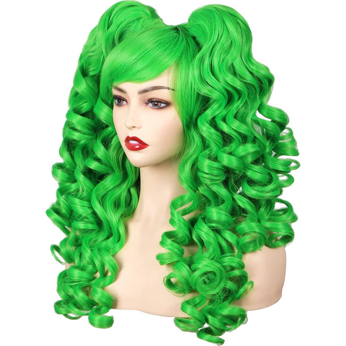 Peluca Rizada Cosplay ColorGround Verde con Coletas