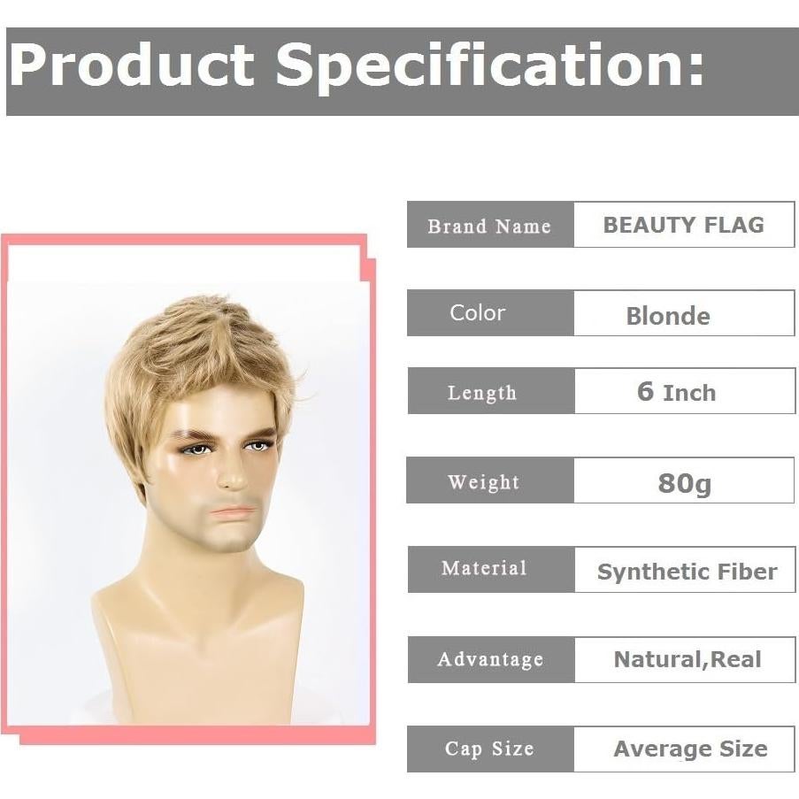 Peluca Rubia Corto Sintética para Hombre Ajustable