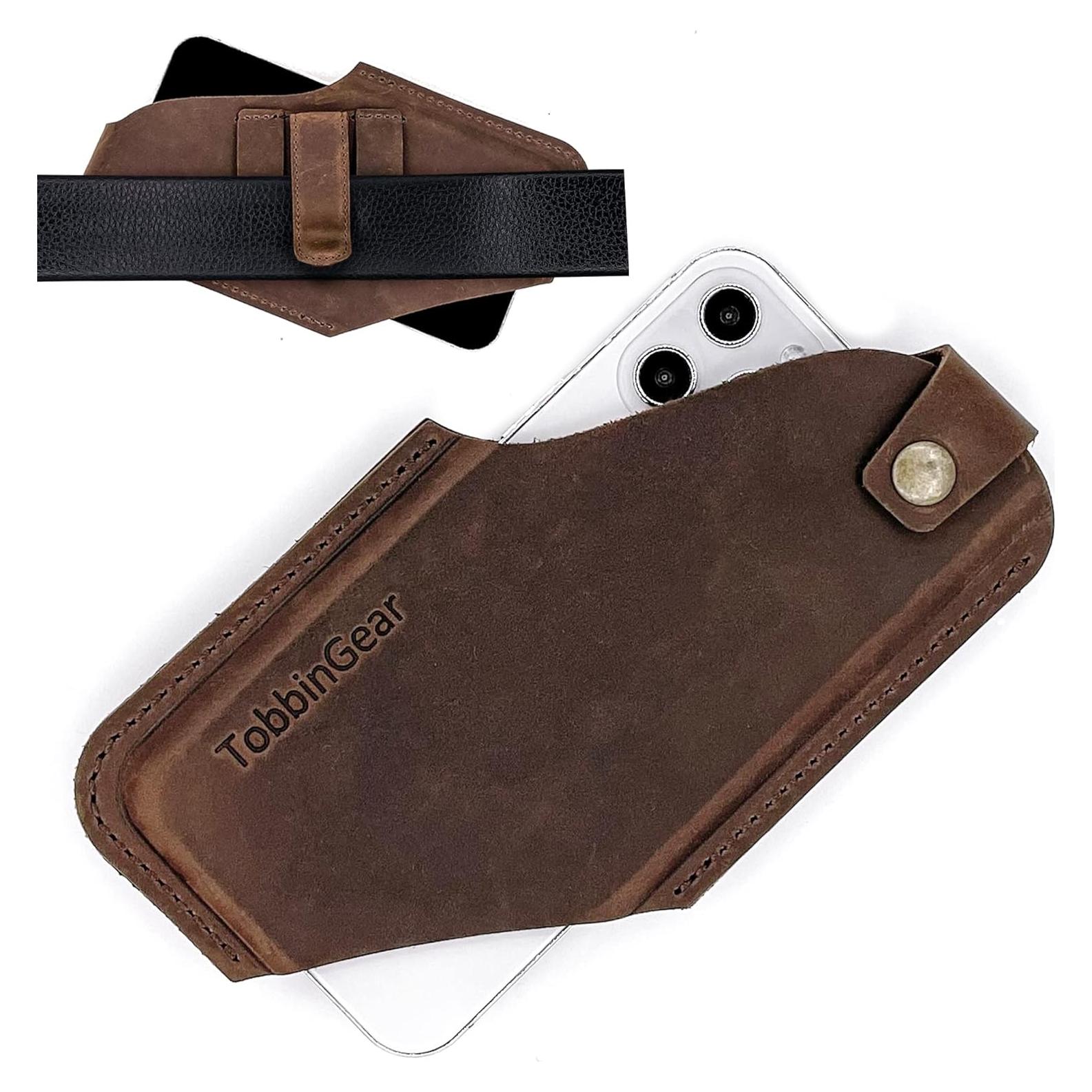 Funda de cuero TobbinGear para celular con clip marrón