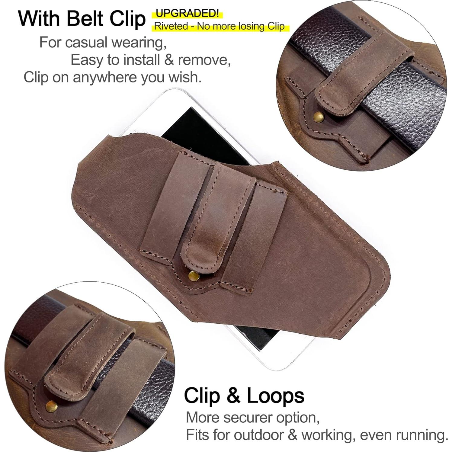 Funda de cuero TobbinGear para celular con clip marrón