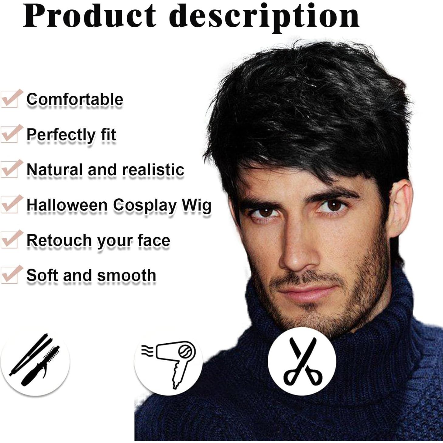 Peluca Corta Negra para Hombres TOPHR 15 cm Resistente al Calor