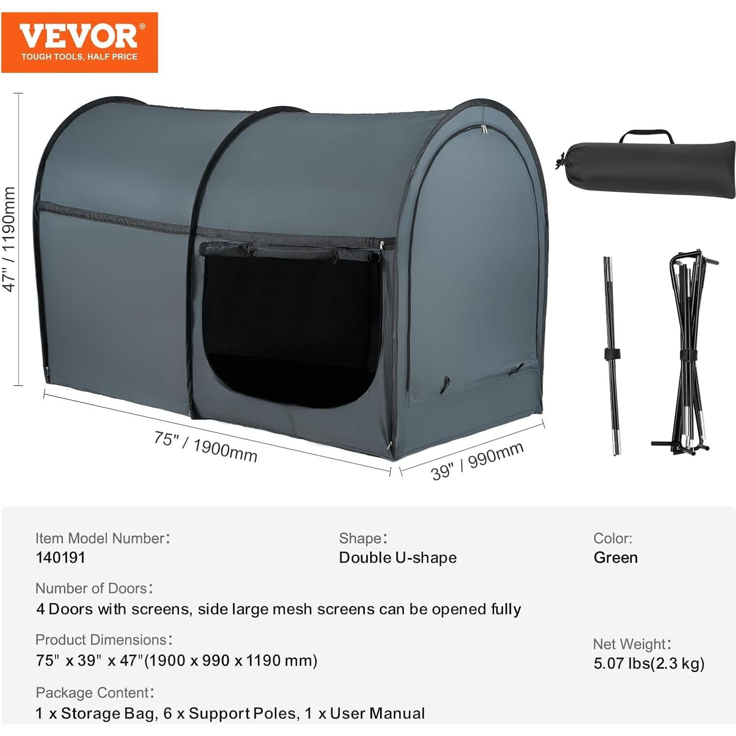 Carpa de Cama VEVOR 200x105x120 cm Bloqueo de Luz 2 Puertas