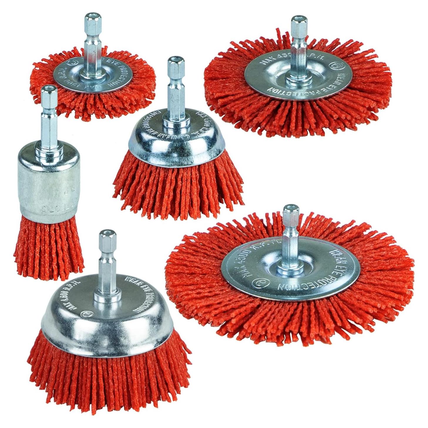 SALI 6 Pack Nylon Filament Abrasive Wire Brush Wheel & Cup Brush Set with 1/4 Inch Hex Shank, 6 Sizes Nylon Drill Brush Set for Removal of Rust Corrosion Paint