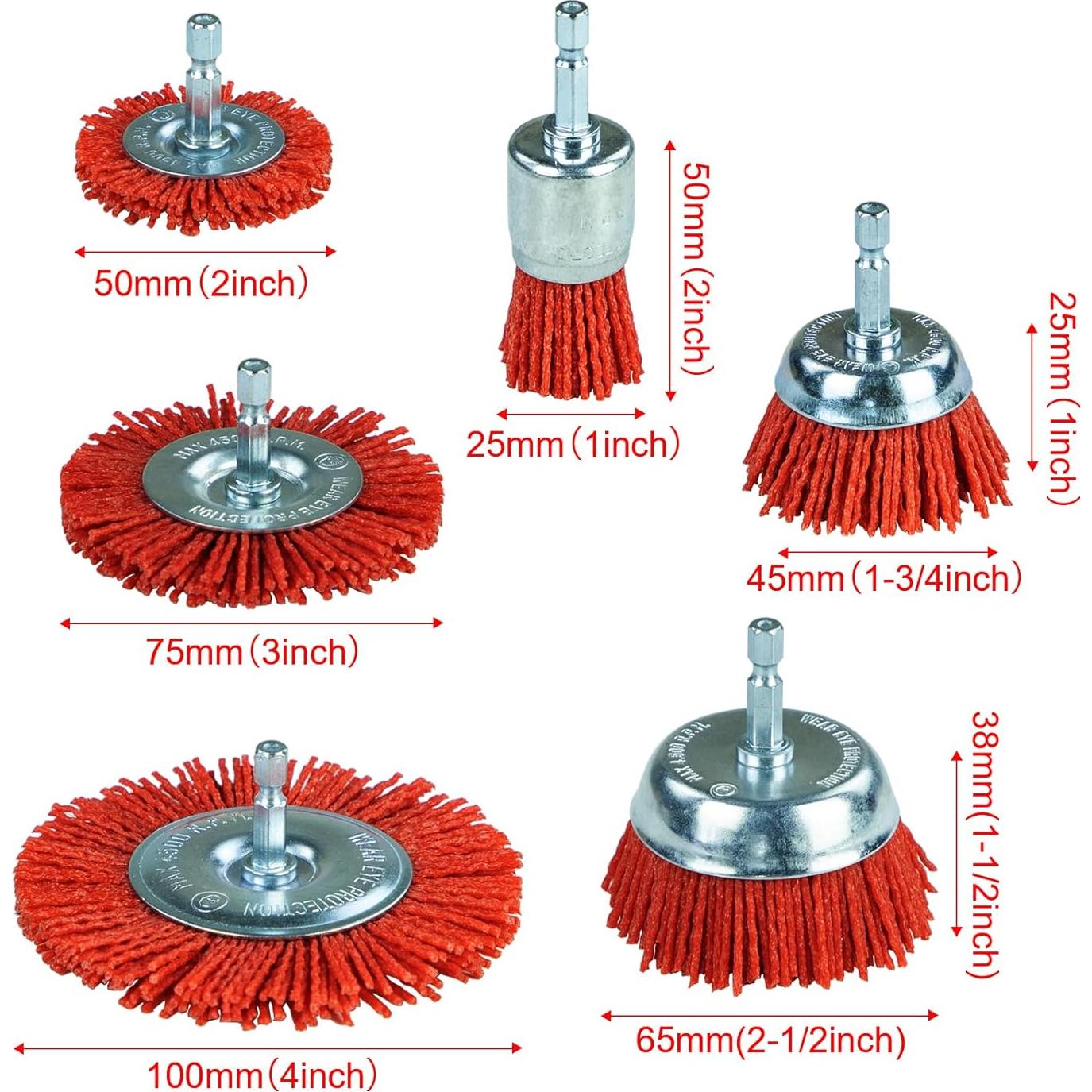 SALI 6 Pack Nylon Filament Abrasive Wire Brush Wheel & Cup Brush Set with 1/4 Inch Hex Shank, 6 Sizes Nylon Drill Brush Set for Removal of Rust Corrosion Paint