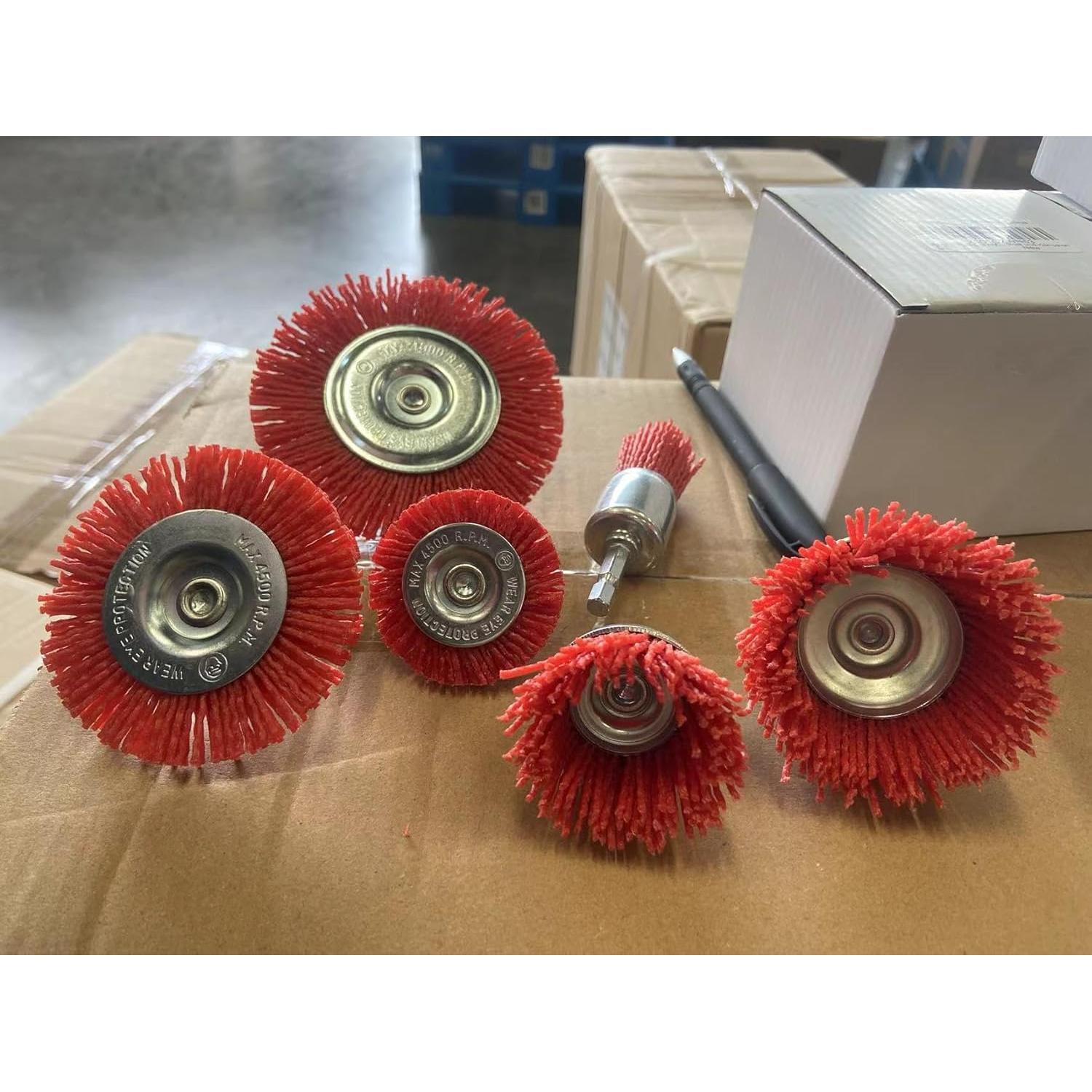 SALI 6 Pack Nylon Filament Abrasive Wire Brush Wheel & Cup Brush Set with 1/4 Inch Hex Shank, 6 Sizes Nylon Drill Brush Set for Removal of Rust Corrosion Paint