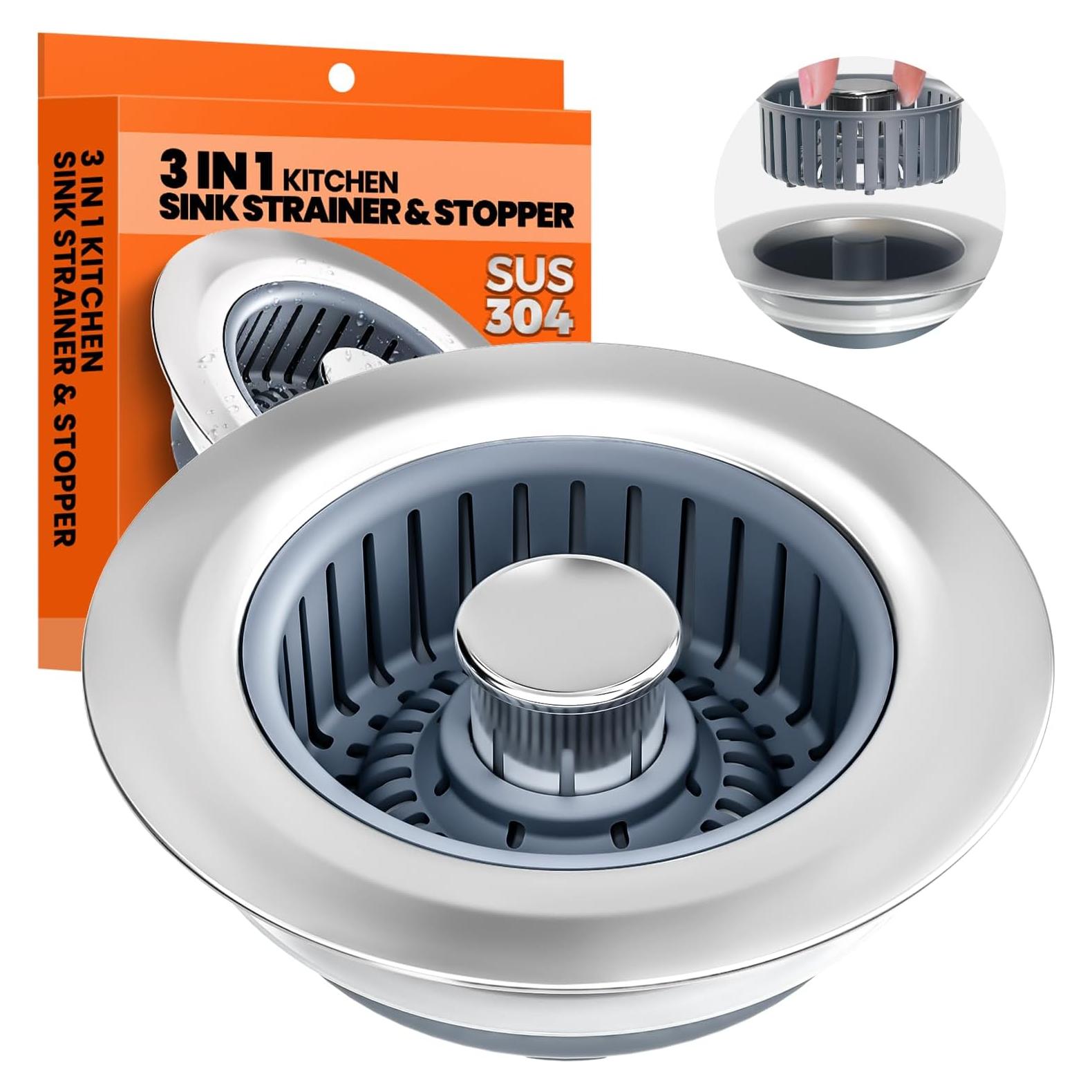 Kitchen Sink Drain Strainer - Upgraded Kitchen Sink Stopper,Sink Stopper Kitchen Drain,Stainless Steel Drain Plug with Anti-Clog Basket Drain Stopper Combo,for Standard 3-1/2'' Drain,Grey