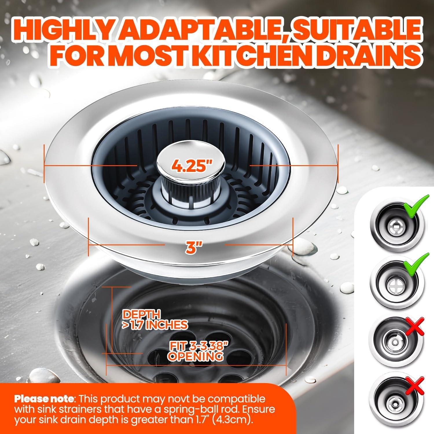 Kitchen Sink Drain Strainer - Upgraded Kitchen Sink Stopper,Sink Stopper Kitchen Drain,Stainless Steel Drain Plug with Anti-Clog Basket Drain Stopper Combo,for Standard 3-1/2'' Drain,Grey