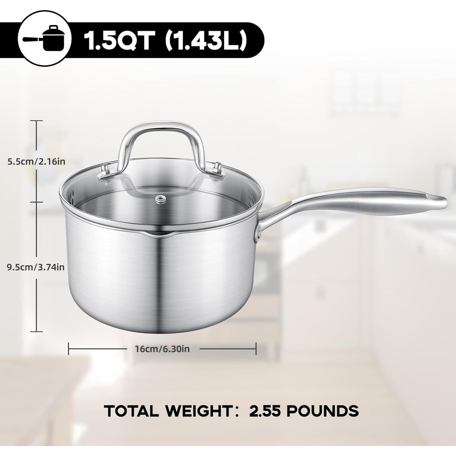 Leetaltree 1.5 Quart Stainless Steel Saucepan with Glass Strainer Lid, Thicken Tri-ply Ful Body, Multipurpose Sauce Pot with Two-Size Drainage Holes Lid, Perfect For Boiling Gravies, Pasta, Noodles