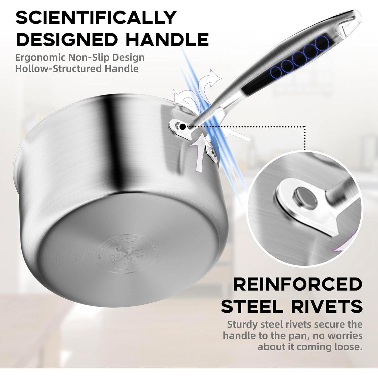 Leetaltree 1.5 Quart Stainless Steel Saucepan with Glass Strainer Lid, Thicken Tri-ply Ful Body, Multipurpose Sauce Pot with Two-Size Drainage Holes Lid, Perfect For Boiling Gravies, Pasta, Noodles