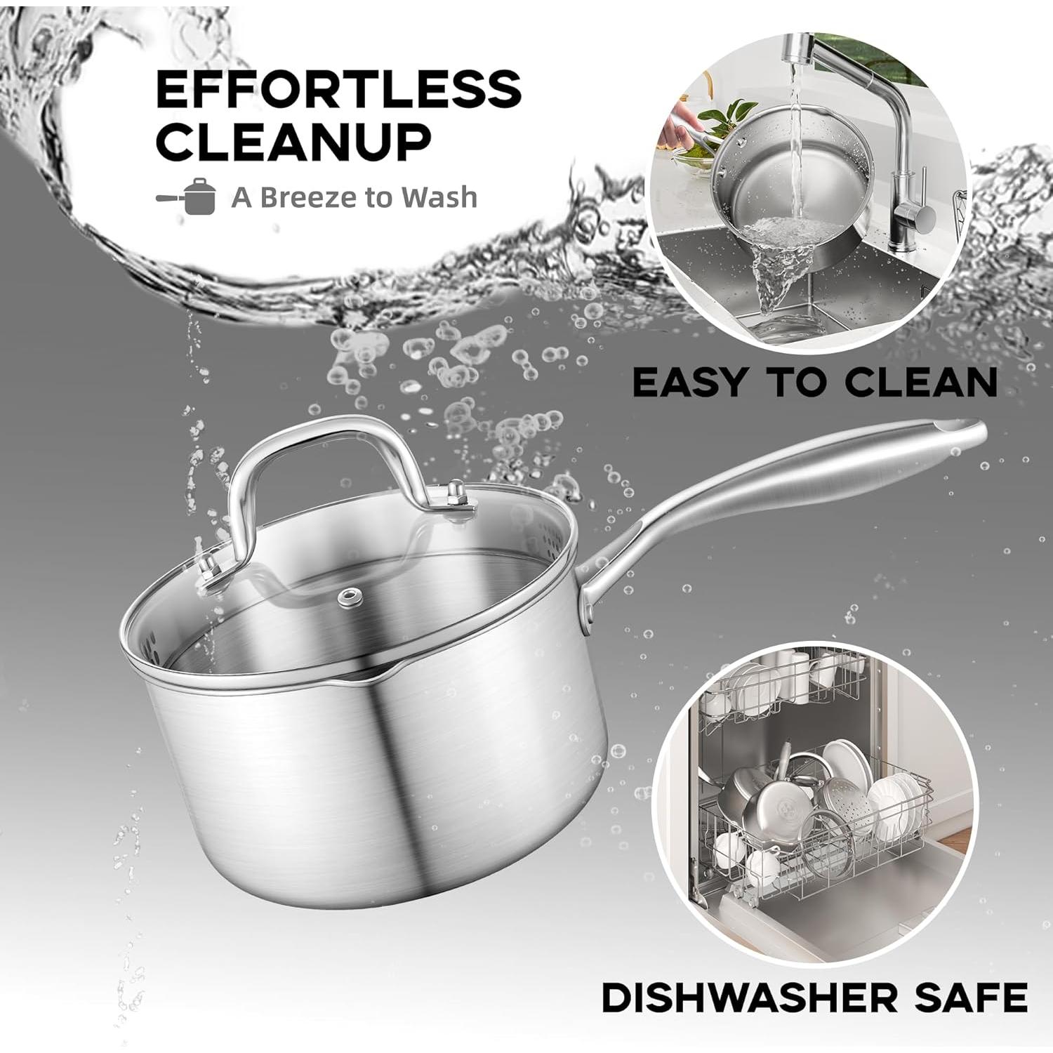 Leetaltree 1.5 Quart Stainless Steel Saucepan with Glass Strainer Lid, Thicken Tri-ply Ful Body, Multipurpose Sauce Pot with Two-Size Drainage Holes Lid, Perfect For Boiling Gravies, Pasta, Noodles