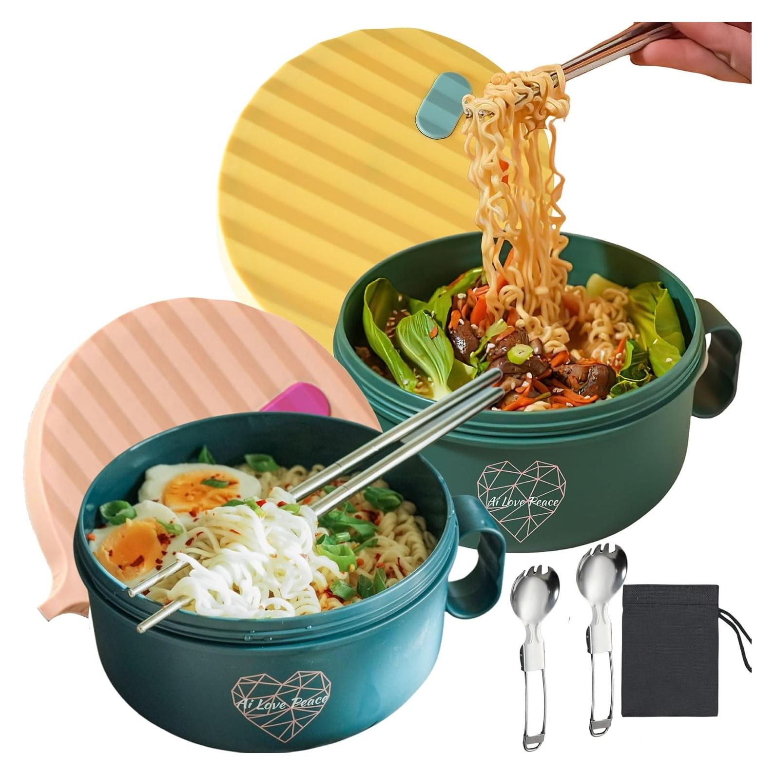 AI LOVE PEACE Ramen Bowls, 40 oz Large Microwavable Noodle Bowls (1 Pink, 1 Green) with Chopsticks, Sporks, and Utensil Bag, Portable Microwave Bowl for Home, Office, Dorm, or College Gift.