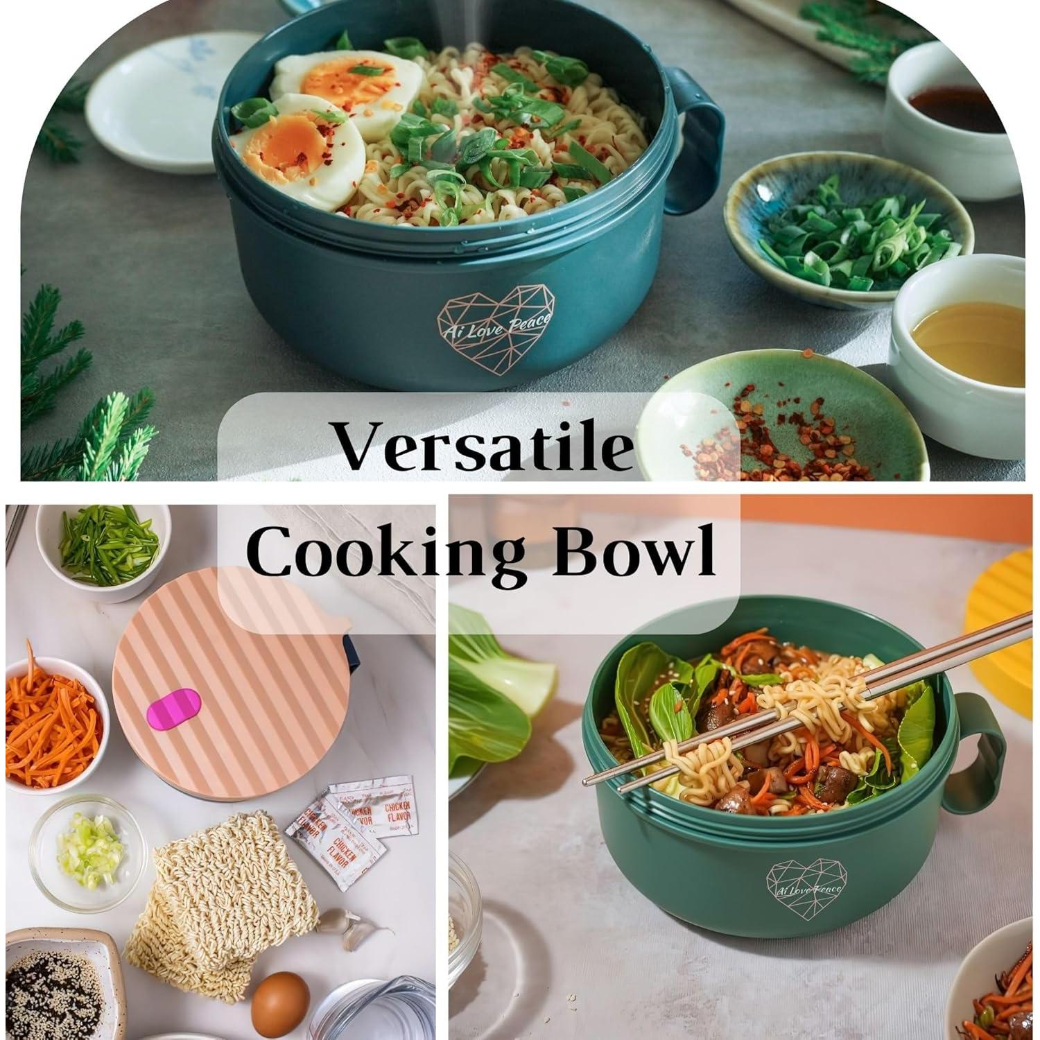 AI LOVE PEACE Ramen Bowls, 40 oz Large Microwavable Noodle Bowls (1 Pink, 1 Green) with Chopsticks, Sporks, and Utensil Bag, Portable Microwave Bowl for Home, Office, Dorm, or College Gift.