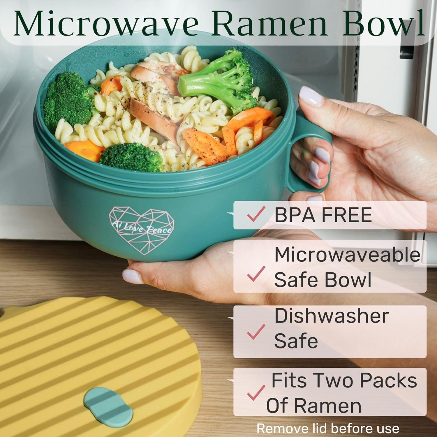 AI LOVE PEACE Ramen Bowls, 40 oz Large Microwavable Noodle Bowls (1 Pink, 1 Green) with Chopsticks, Sporks, and Utensil Bag, Portable Microwave Bowl for Home, Office, Dorm, or College Gift.
