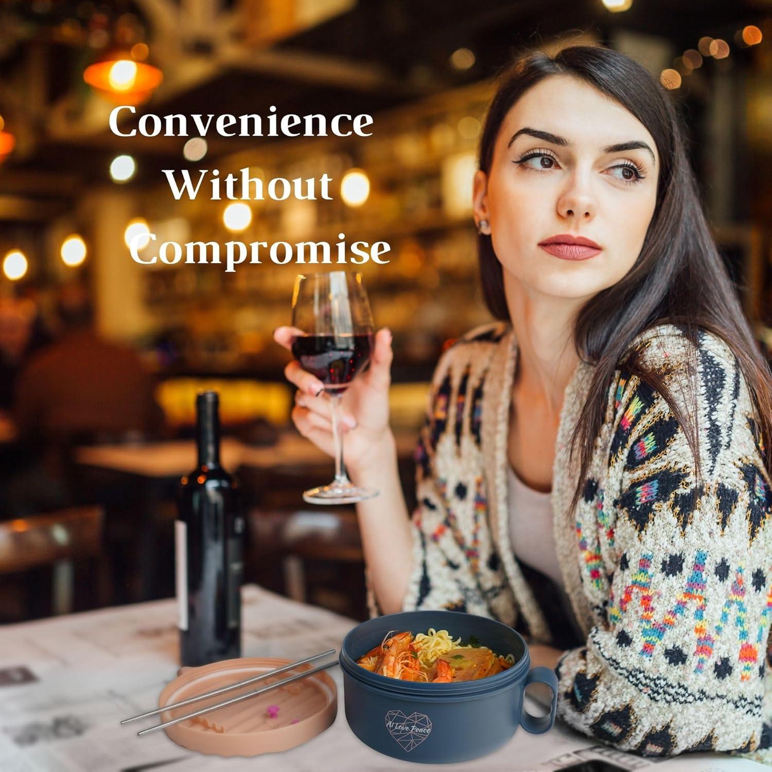 AI LOVE PEACE Ramen Bowls, 40 oz Large Microwavable Noodle Bowls (1 Pink, 1 Green) with Chopsticks, Sporks, and Utensil Bag, Portable Microwave Bowl for Home, Office, Dorm, or College Gift.