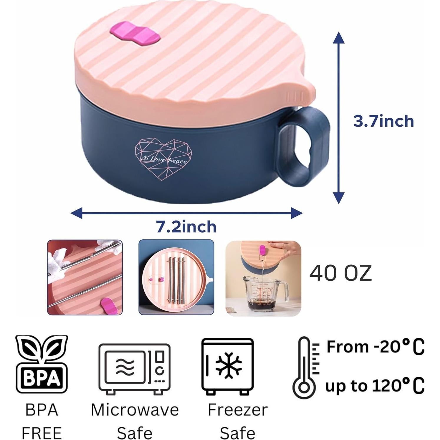AI LOVE PEACE Ramen Bowls, 40 oz Large Microwavable Noodle Bowls (1 Pink, 1 Green) with Chopsticks, Sporks, and Utensil Bag, Portable Microwave Bowl for Home, Office, Dorm, or College Gift.