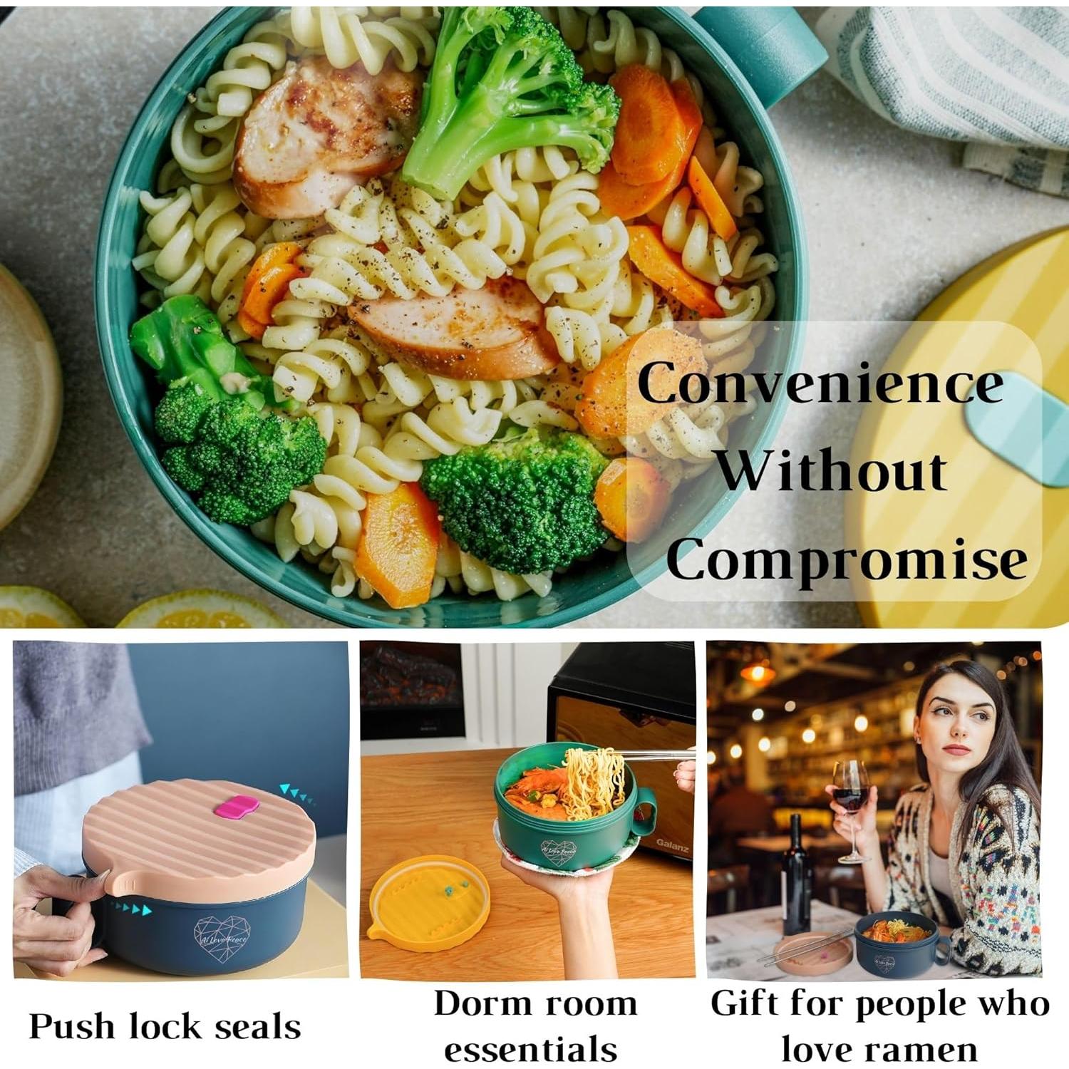 AI LOVE PEACE Ramen Bowls, 40 oz Large Microwavable Noodle Bowls (1 Pink, 1 Green) with Chopsticks, Sporks, and Utensil Bag, Portable Microwave Bowl for Home, Office, Dorm, or College Gift.