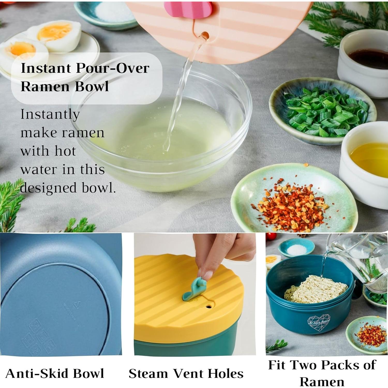 AI LOVE PEACE Ramen Bowls, 40 oz Large Microwavable Noodle Bowls (1 Pink, 1 Green) with Chopsticks, Sporks, and Utensil Bag, Portable Microwave Bowl for Home, Office, Dorm, or College Gift.