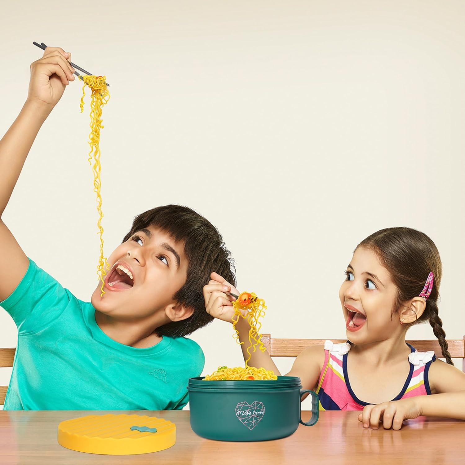 AI LOVE PEACE Ramen Bowls, 40 oz Large Microwavable Noodle Bowls (1 Pink, 1 Green) with Chopsticks, Sporks, and Utensil Bag, Portable Microwave Bowl for Home, Office, Dorm, or College Gift.