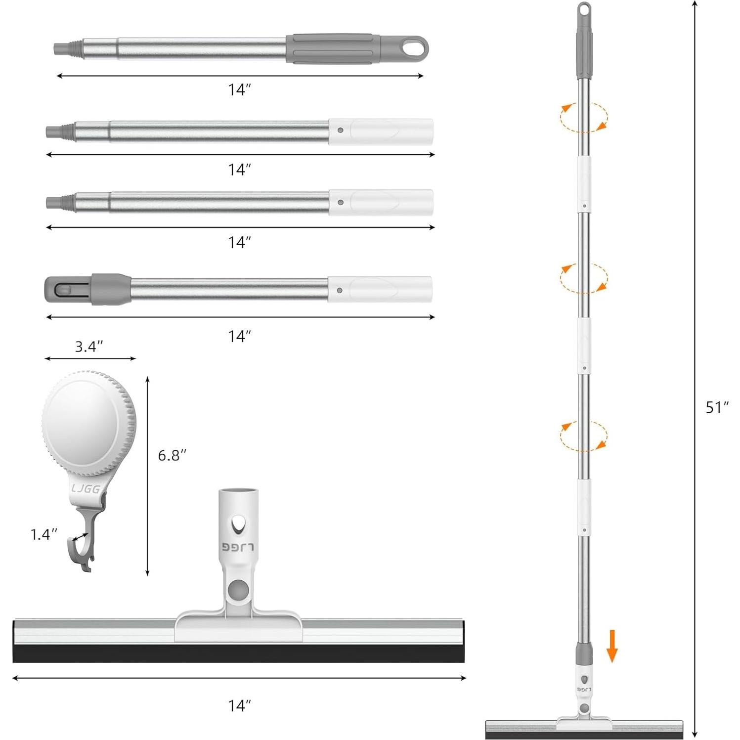 Squeegee Broom for Floor, 13.78" Rubber Squeegee with 51" Aluminum Alloy Pole for Bathroom Tile, Garage Concrete, Deck, Shower Glass, Window Cleaning, Squeegee Broom for Household Floor