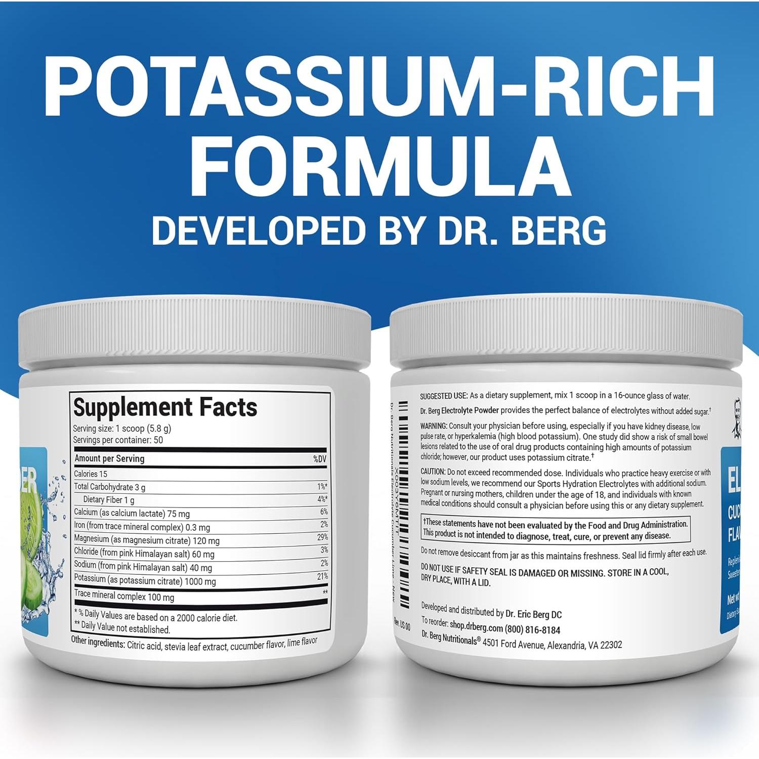 Polvo de Electrolitos Dr. Berg - 1000 mg Potasio - 50 Porciones - Sabor Pepino Lima