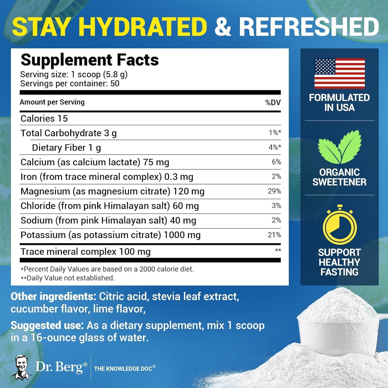 Polvo de Electrolitos Dr. Berg - 1000 mg Potasio - 50 Porciones - Sabor Pepino Lima