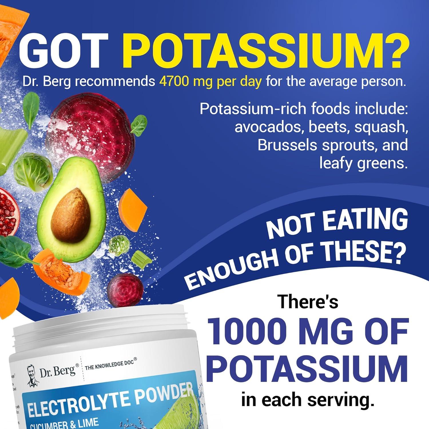 Polvo de Electrolitos Dr. Berg - 1000 mg Potasio - 50 Porciones - Sabor Pepino Lima