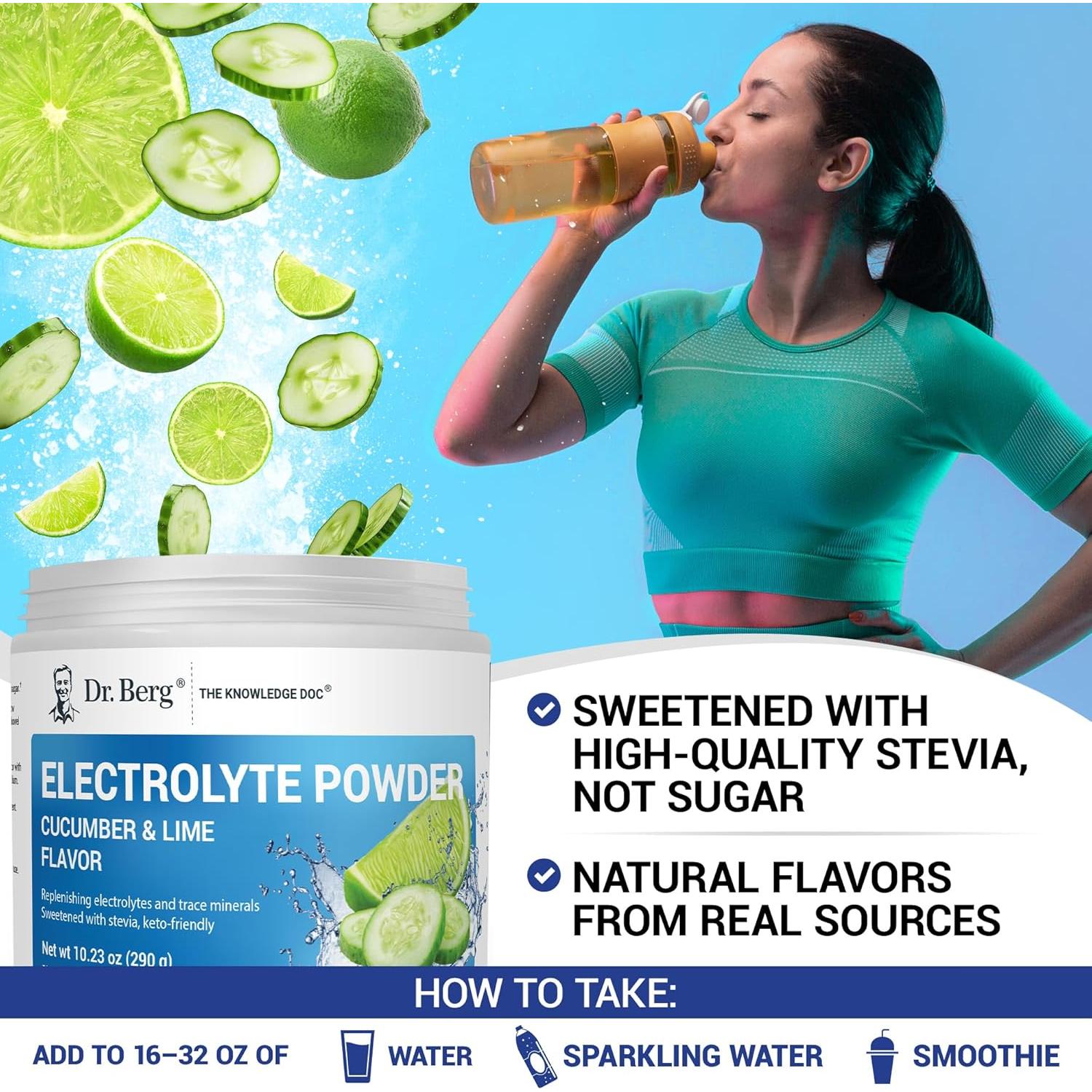 Polvo de Electrolitos Dr. Berg - 1000 mg Potasio - 50 Porciones - Sabor Pepino Lima