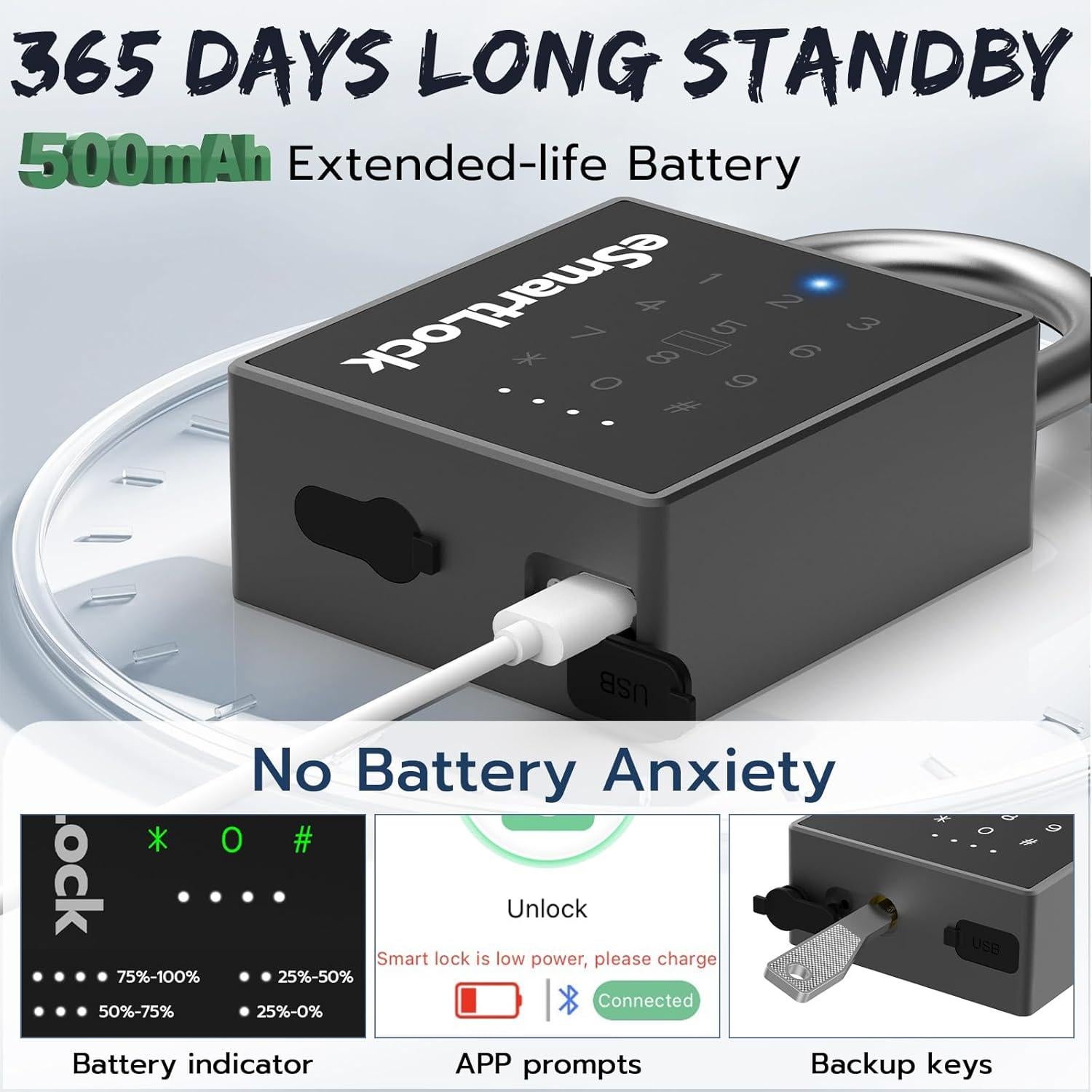 New Smart Padlock with Key, Heavy Duty Combination Padlock, RFID Pad Lock with Codes Bluetooth APP Access, Outdoor Waterproof Electronic Key Lock for Gate Fence Shed Locker Garage Garden