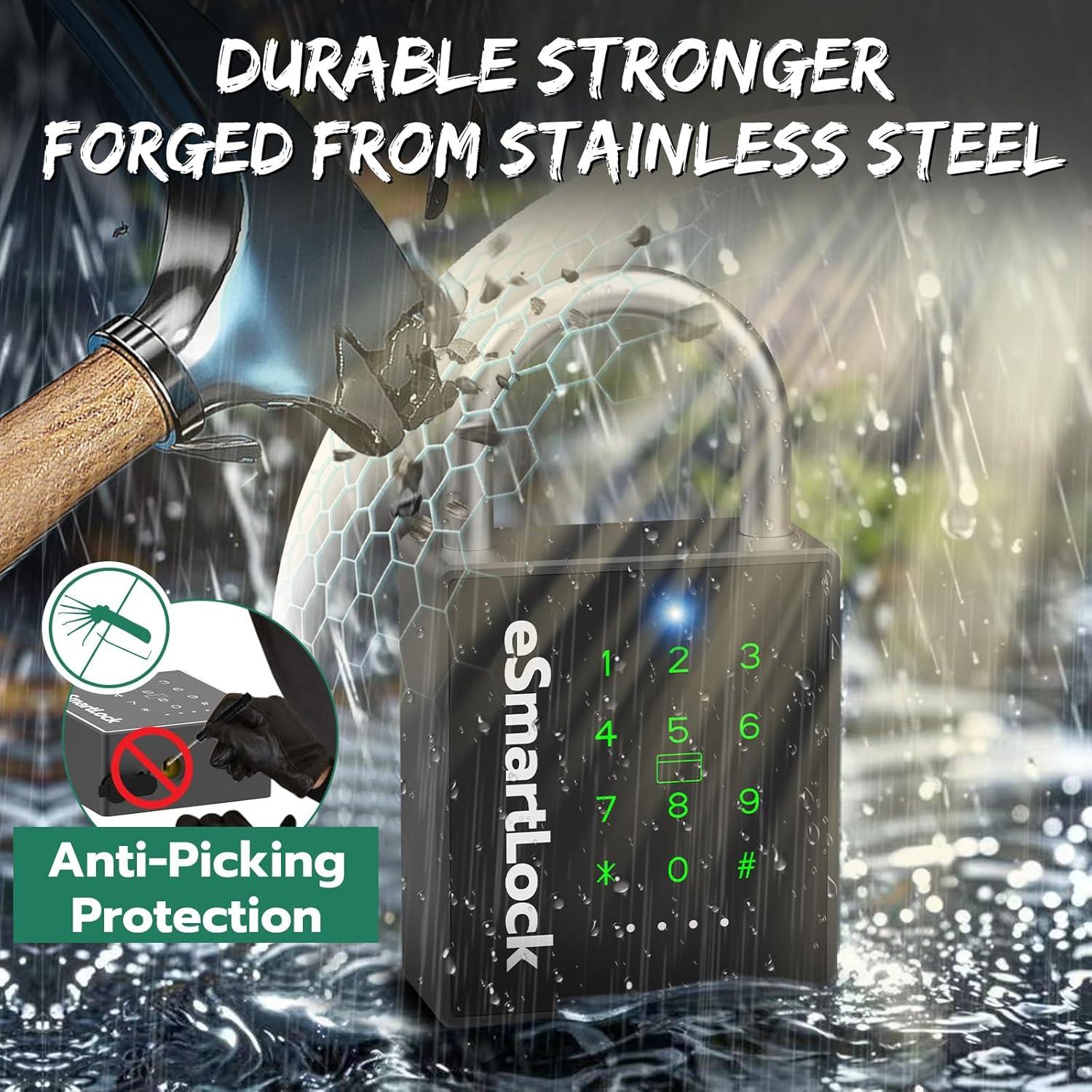 New Smart Padlock with Key, Heavy Duty Combination Padlock, RFID Pad Lock with Codes Bluetooth APP Access, Outdoor Waterproof Electronic Key Lock for Gate Fence Shed Locker Garage Garden