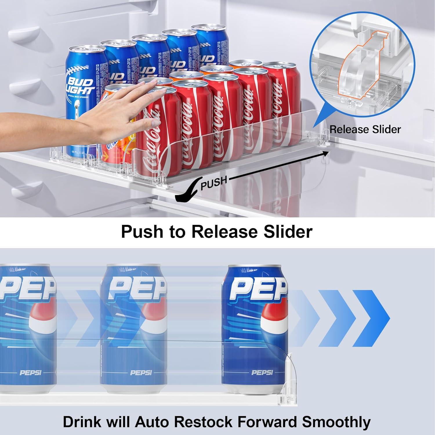 LAMU Drink Organizer for Fridge, Soda Can Organizer Dispenser for Refrigerator with Automatic Pusher Glide, Width Adjustable Clear Dividers, Can Holder for 6-20oz Beverage, 15''D x10''W, 3 Rows