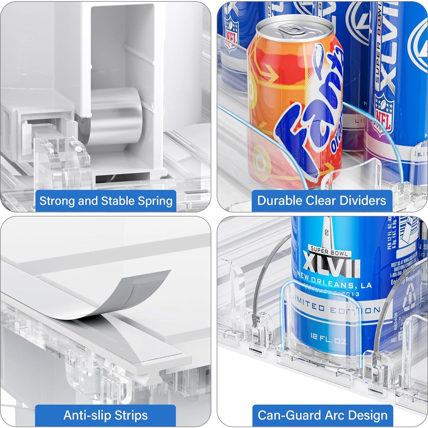 LAMU Drink Organizer for Fridge, Soda Can Organizer Dispenser for Refrigerator with Automatic Pusher Glide, Width Adjustable Clear Dividers, Can Holder for 6-20oz Beverage, 15''D x10''W, 3 Rows