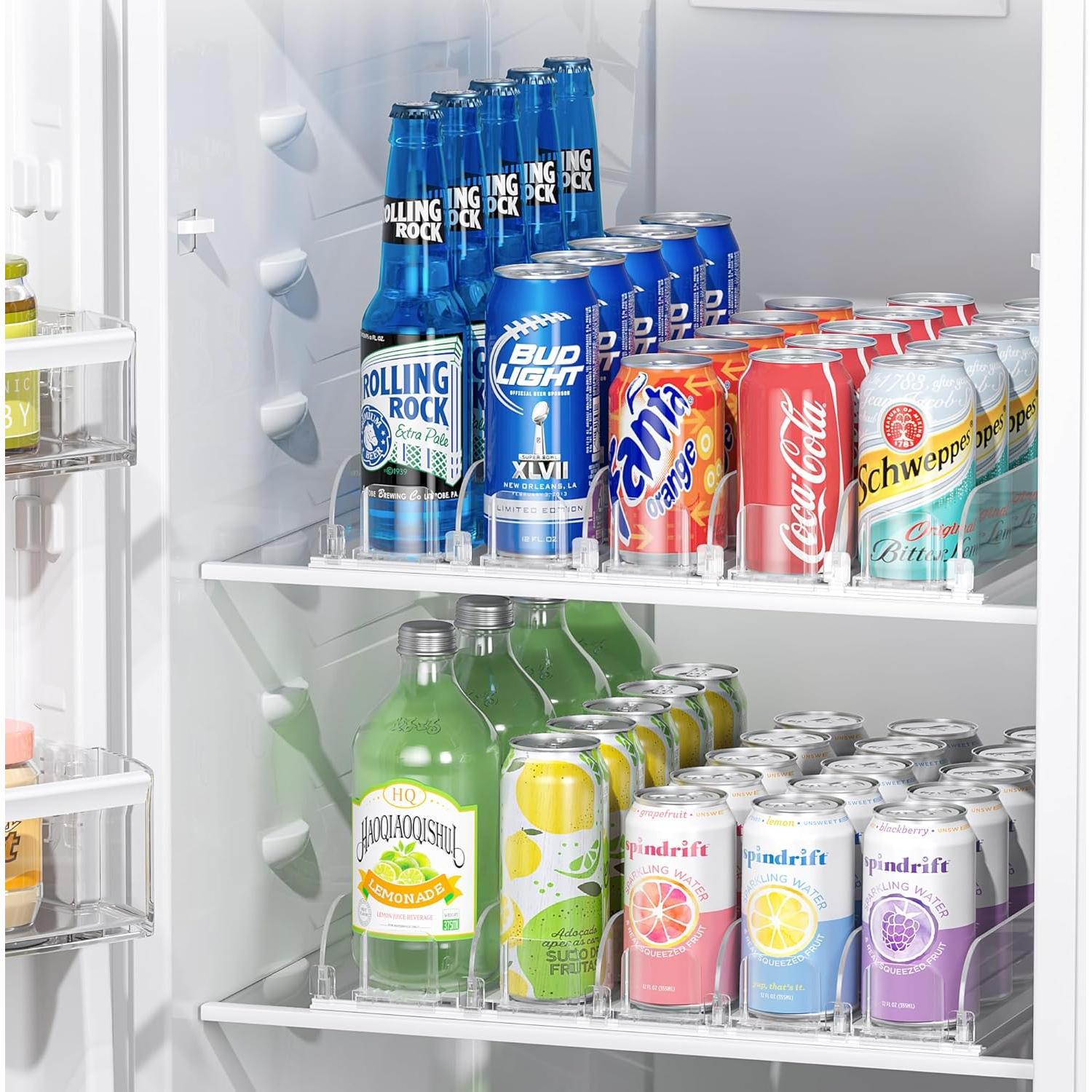 LAMU Drink Organizer for Fridge, Soda Can Organizer Dispenser for Refrigerator with Automatic Pusher Glide, Width Adjustable Clear Dividers, Can Holder for 6-20oz Beverage, 15''D x10''W, 3 Rows