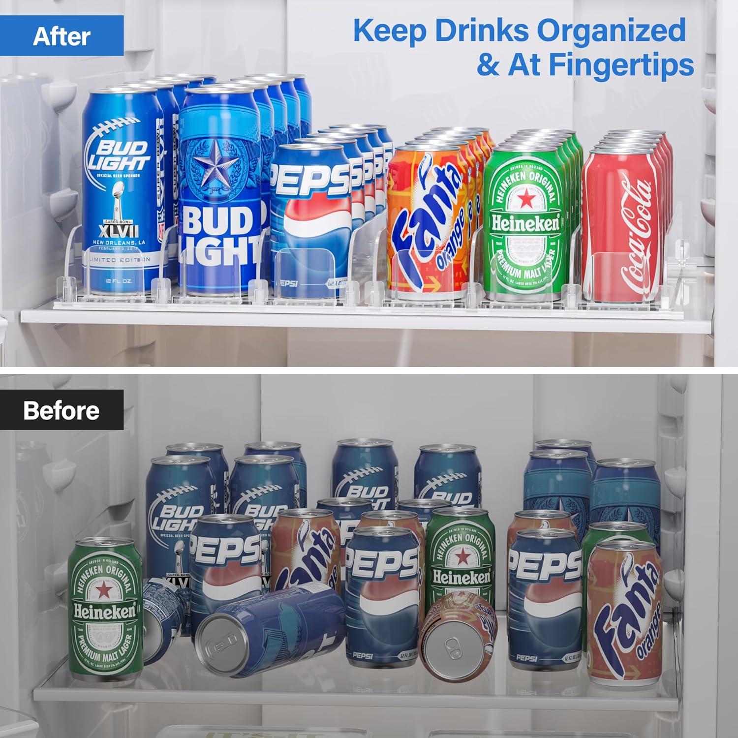 LAMU Drink Organizer for Fridge, Soda Can Organizer Dispenser for Refrigerator with Automatic Pusher Glide, Width Adjustable Clear Dividers, Can Holder for 6-20oz Beverage, 15''D x10''W, 3 Rows