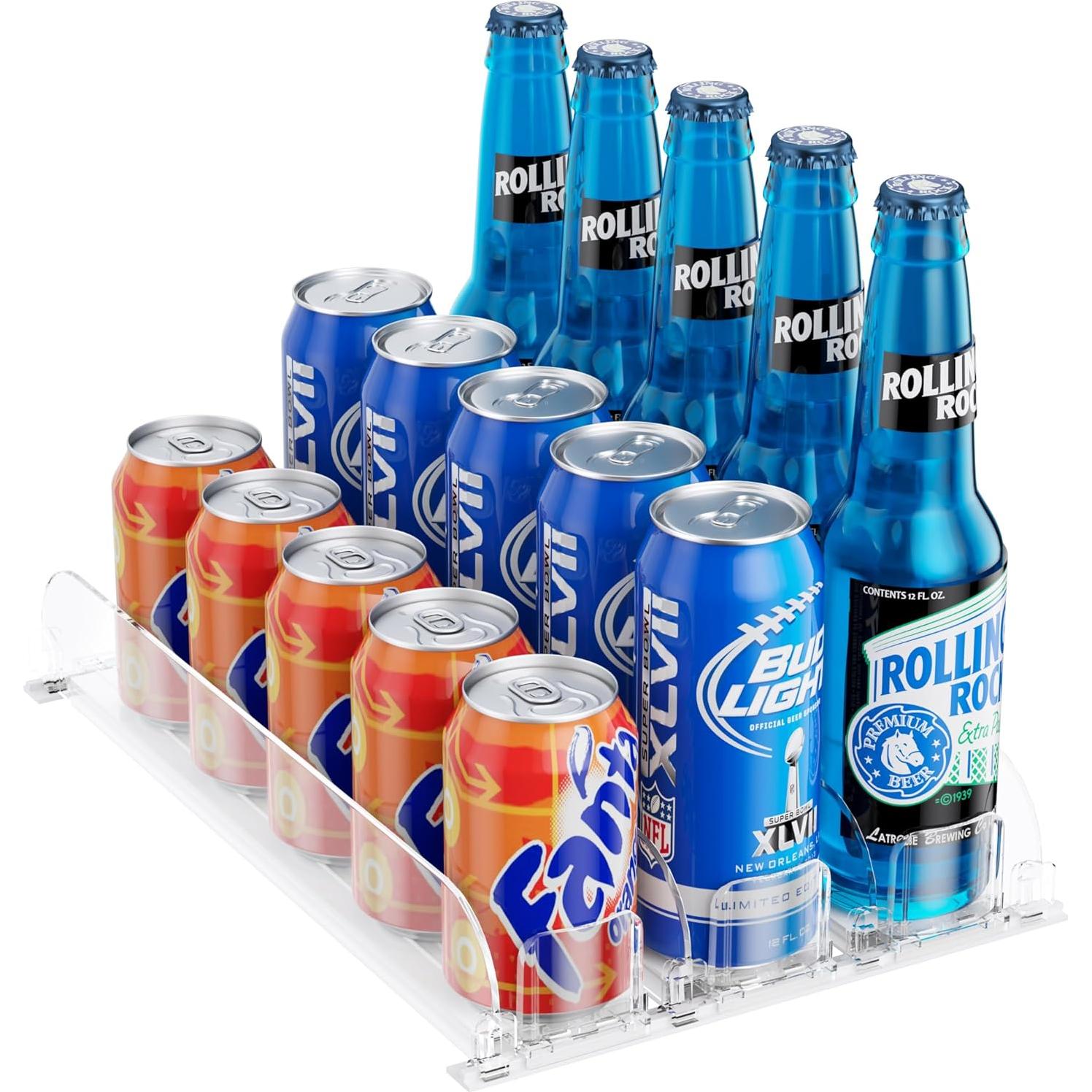 LAMU Drink Organizer for Fridge, Soda Can Organizer Dispenser for Refrigerator with Automatic Pusher Glide, Width Adjustable Clear Dividers, Can Holder for 6-20oz Beverage, 15''D x10''W, 3 Rows