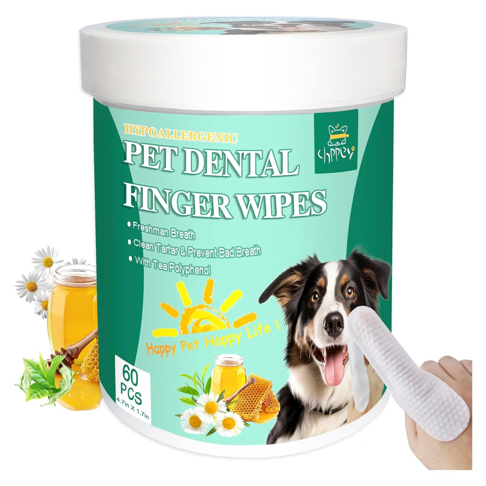 60 Count Dog Dental Wipes - Teeth Cleaning Finger Wipes for Dogs & Cats, Hypoallergenic Dog Toothbrush Finger Dental Wipes to Remove Plaque & Tartar, Freshen Bad Breath, Gentle Cleaning(4.7″*1.7″)