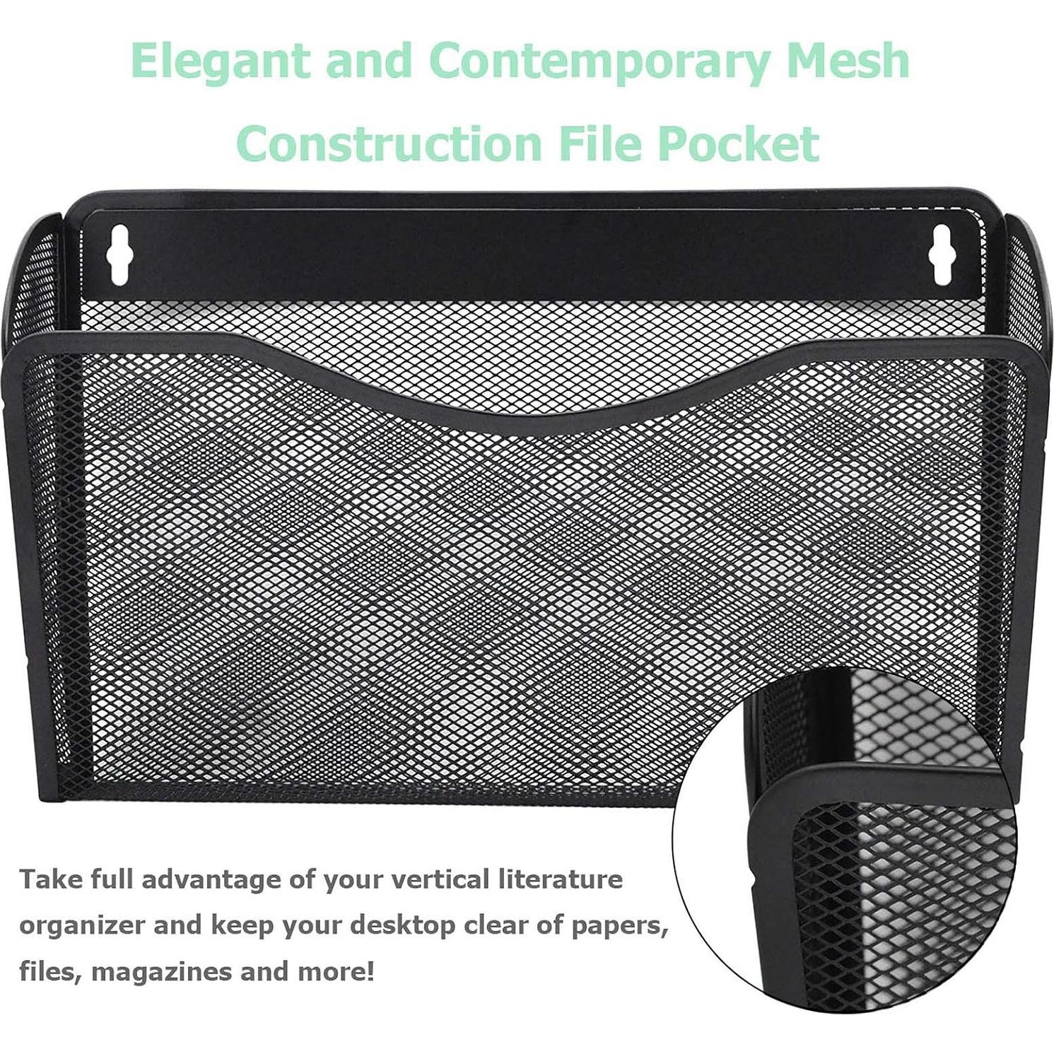 EASEPRES 3 Single Pocket Mesh Hanging File Organizer, Vertical Wall Mounted Magazine File Holder, Mount Basket Mail Paper Document Folder Organizing for Office, Home and School, Black